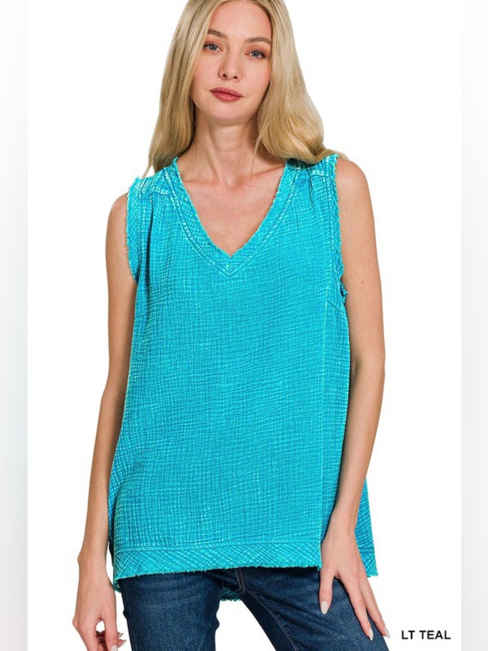 Zenana Light Teal Double Gauze Raw Edge Acid Washed Tank Top